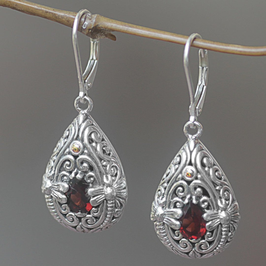 Garnet and Sterling Silver Handmade Dragonfly Earrings - Dragonfly Duet