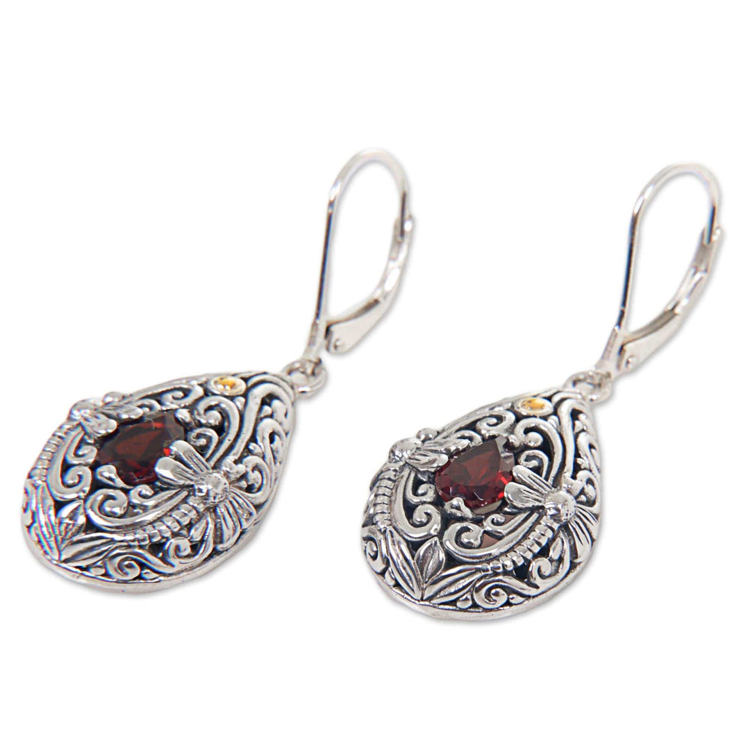 Garnet and Sterling Silver Handmade Dragonfly Earrings - Dragonfly Duet