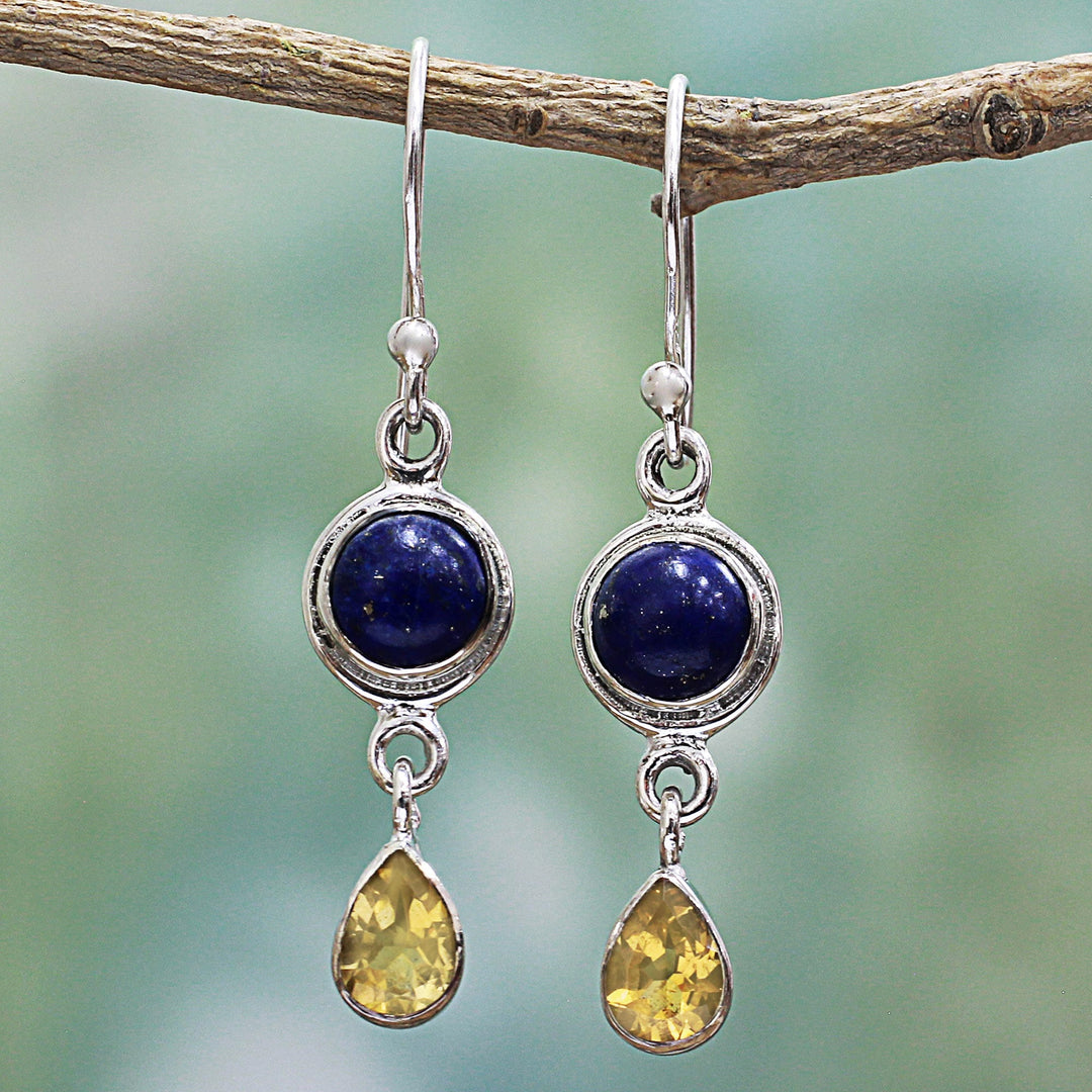 Lapis Lazuli and Citrine Sterling Silver Dangle Earrings - Drops of Sun