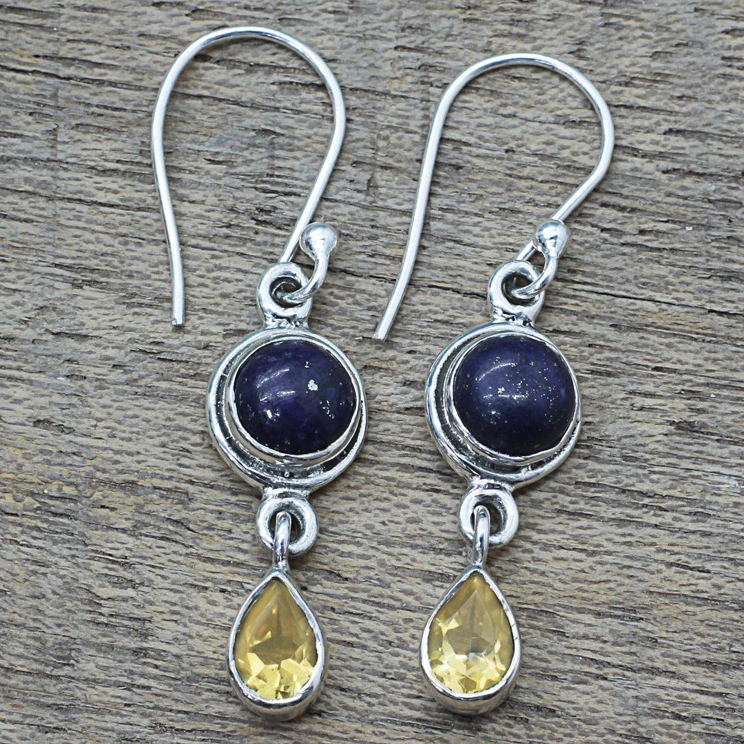 Lapis Lazuli and Citrine Sterling Silver Dangle Earrings - Drops of Sun
