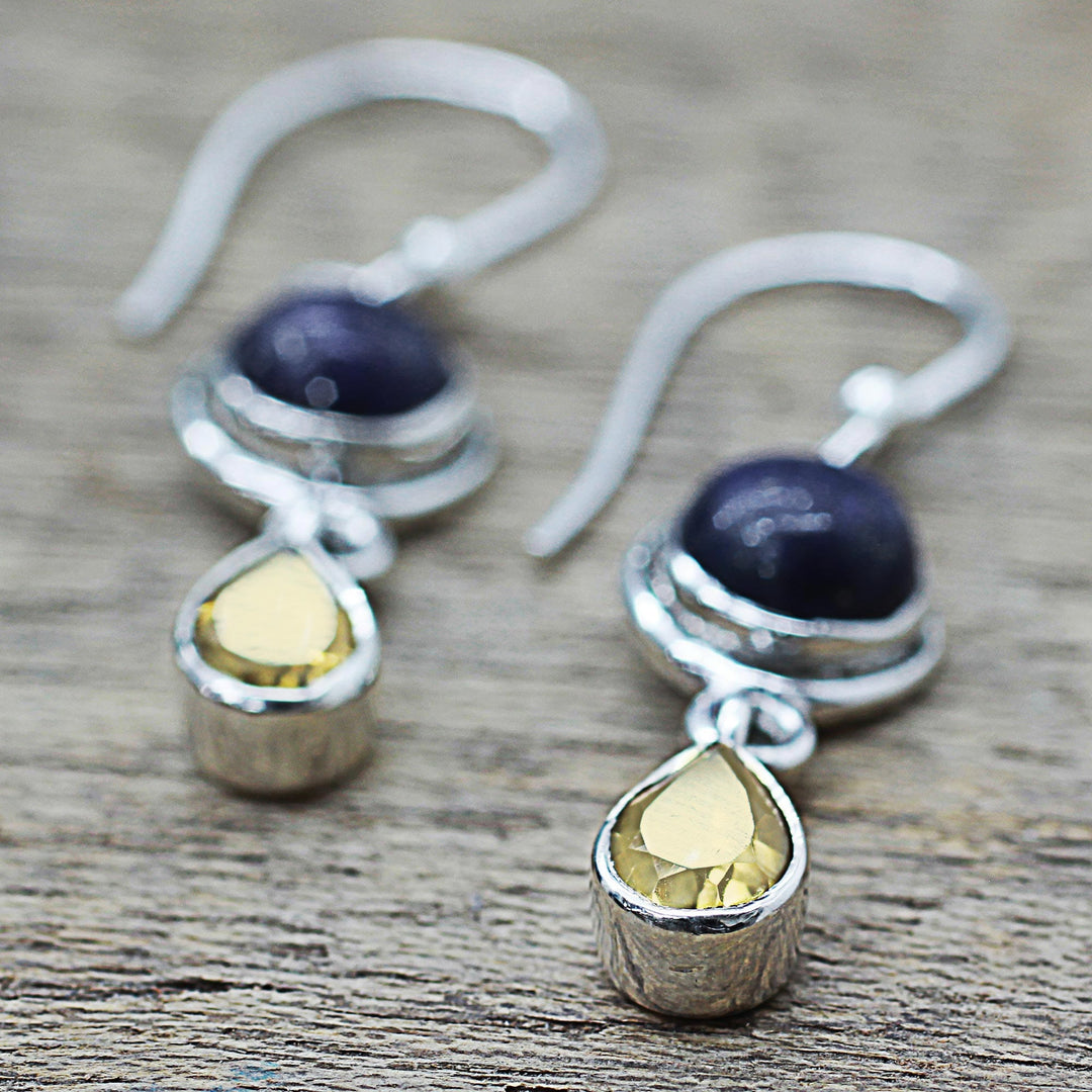 Lapis Lazuli and Citrine Sterling Silver Dangle Earrings - Drops of Sun
