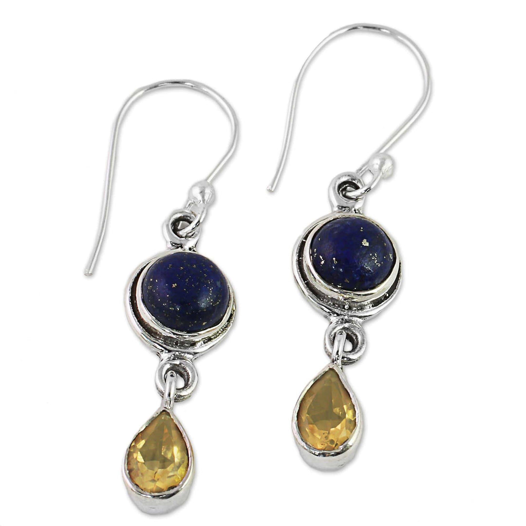 Lapis Lazuli and Citrine Sterling Silver Dangle Earrings - Drops of Sun