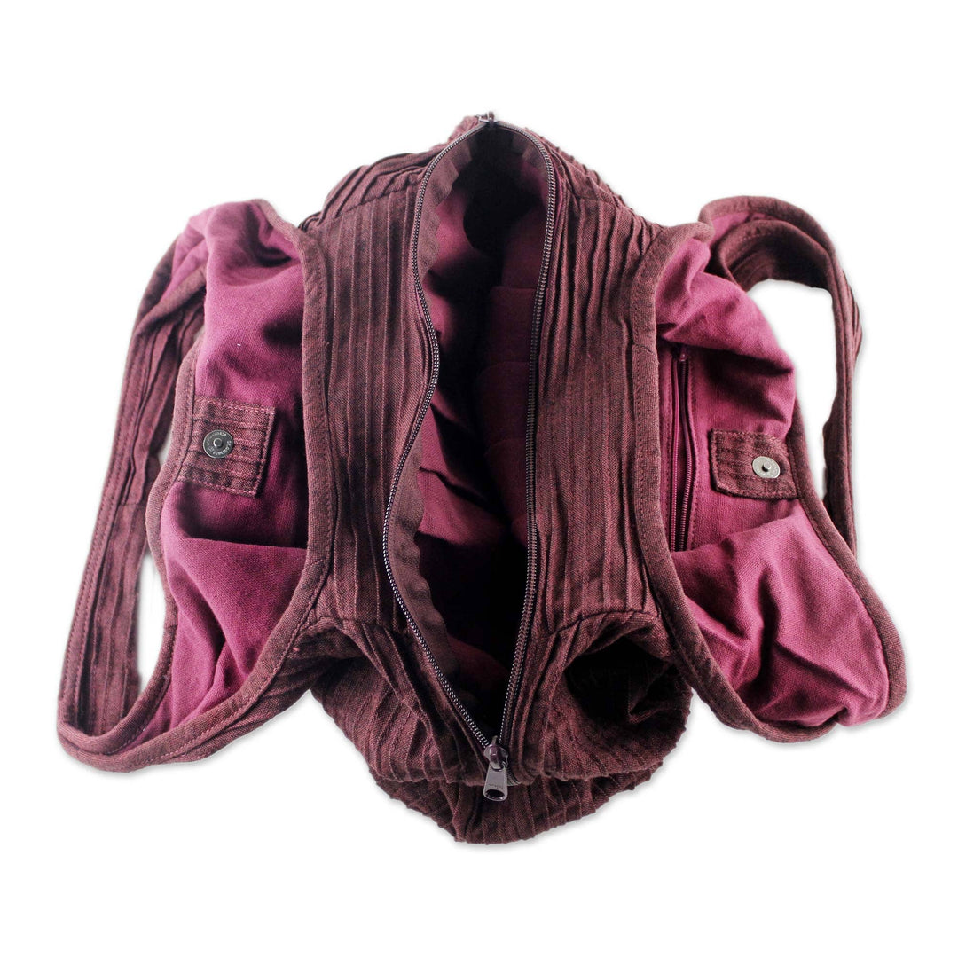 100% Cotton Textured Shoulder Bag in Wine from Thailand - Thai Texture in Wine