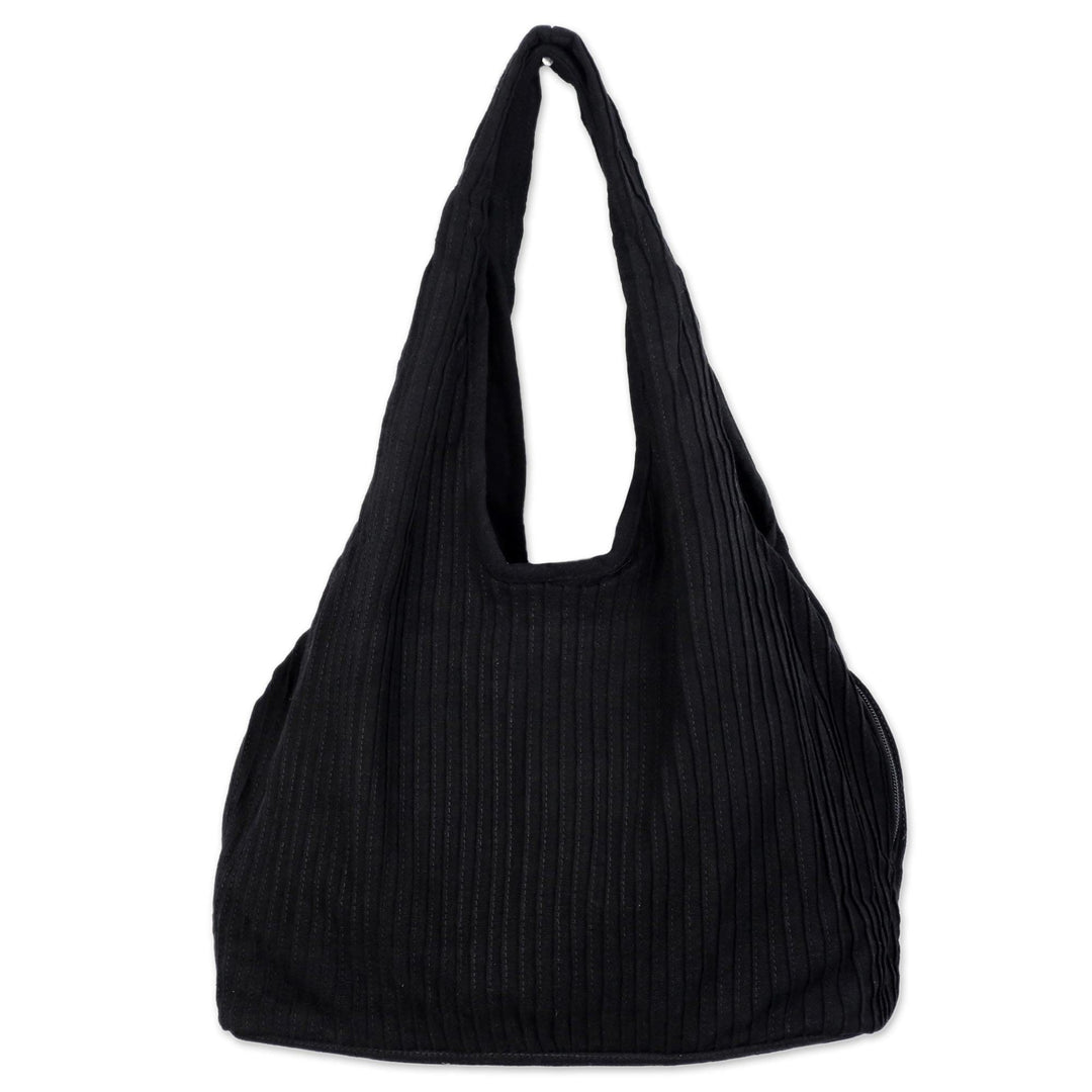 100% Cotton Textured Shoulder Bag in Black from Thailand - Thai Texture in Black
