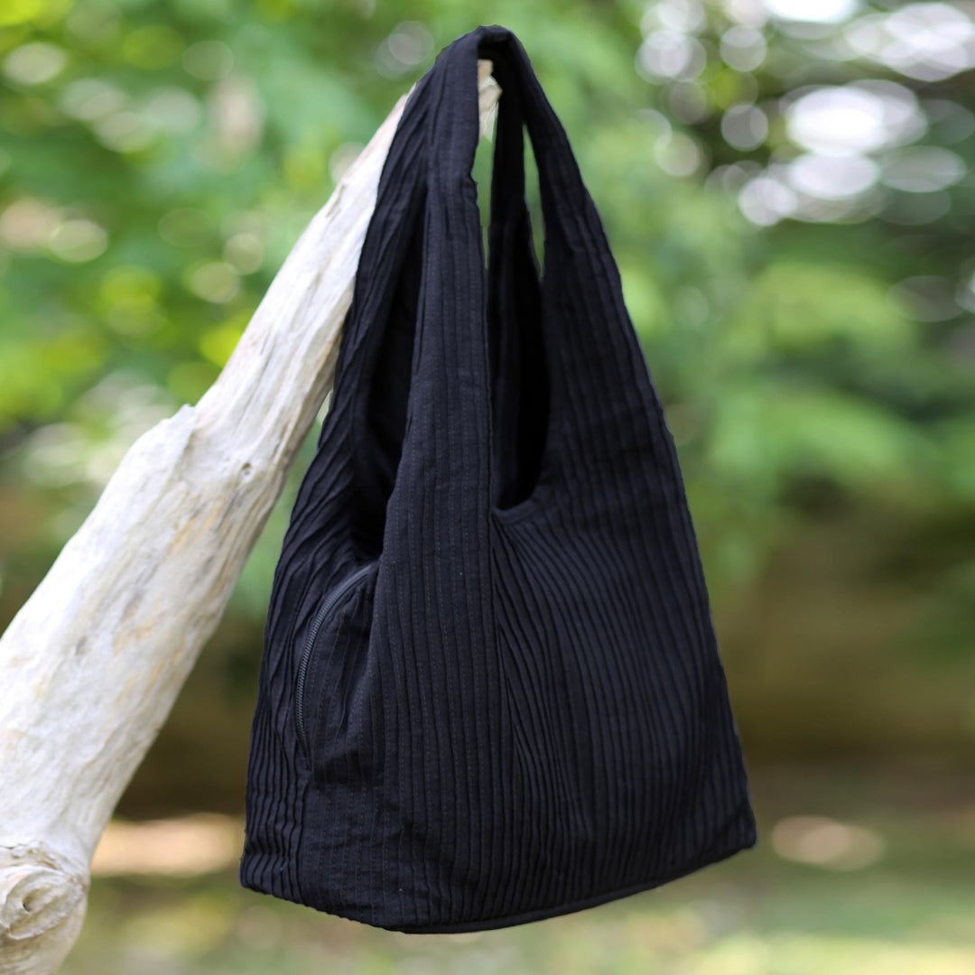 100% Cotton Textured Shoulder Bag in Black from Thailand - Thai Texture in Black