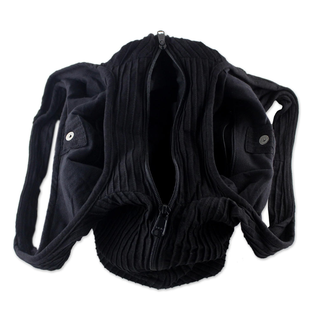 100% Cotton Textured Shoulder Bag in Black from Thailand - Thai Texture in Black