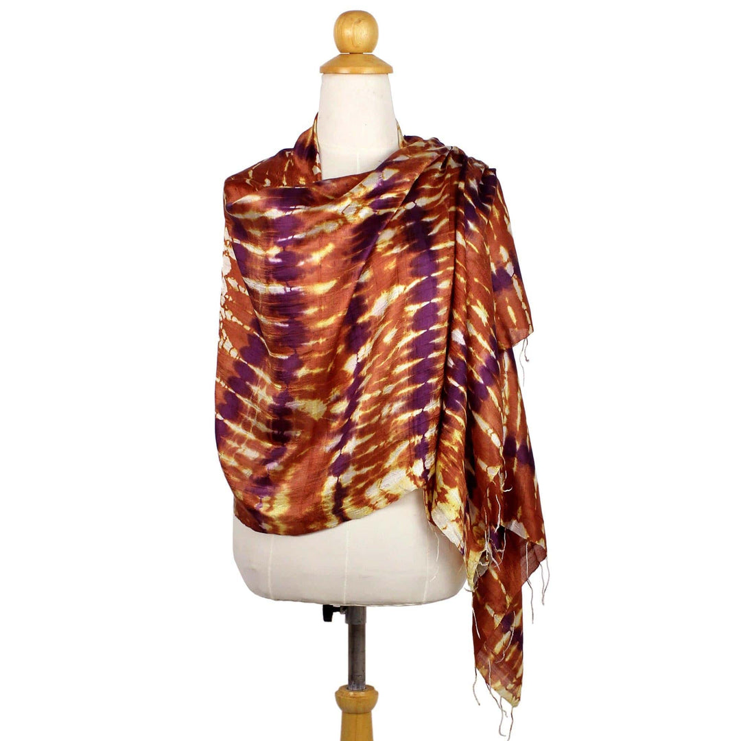 Hand Woven Tie Dye Silk Shawl in Pumpkin and Purple Thailand - River Sands