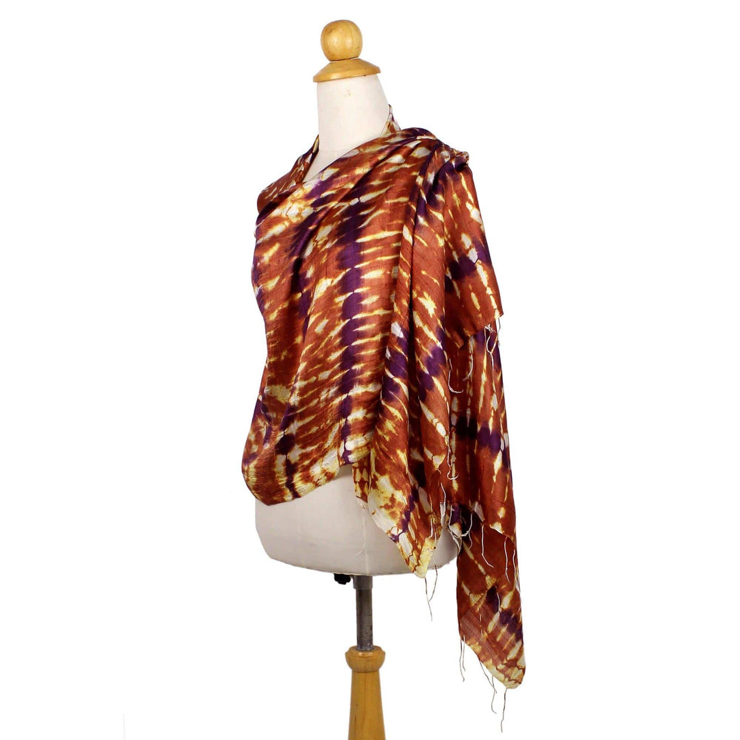 Hand Woven Tie Dye Silk Shawl in Pumpkin and Purple Thailand - River Sands