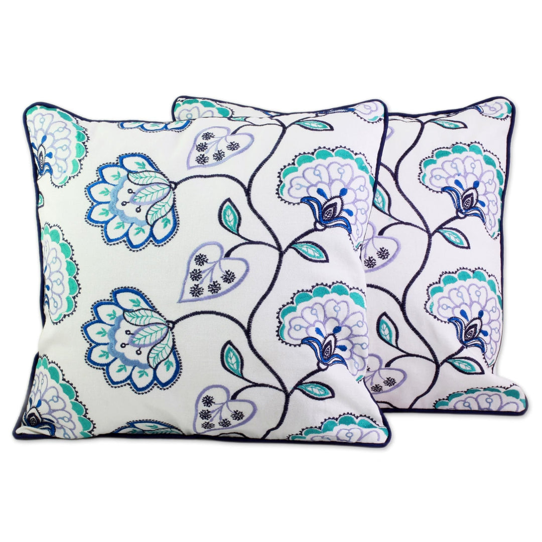 Floral Midnight Blue Cotton Cushion Covers (Pair) from India - Dusk Flowers