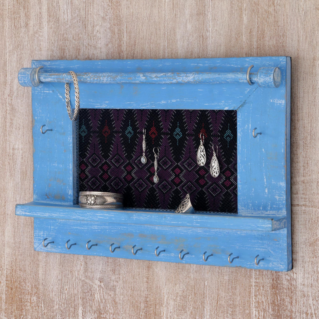 Wood and Cotton Jewelry Display in Sky Blue from Indonesia - Tegalalang Heritage in Sky