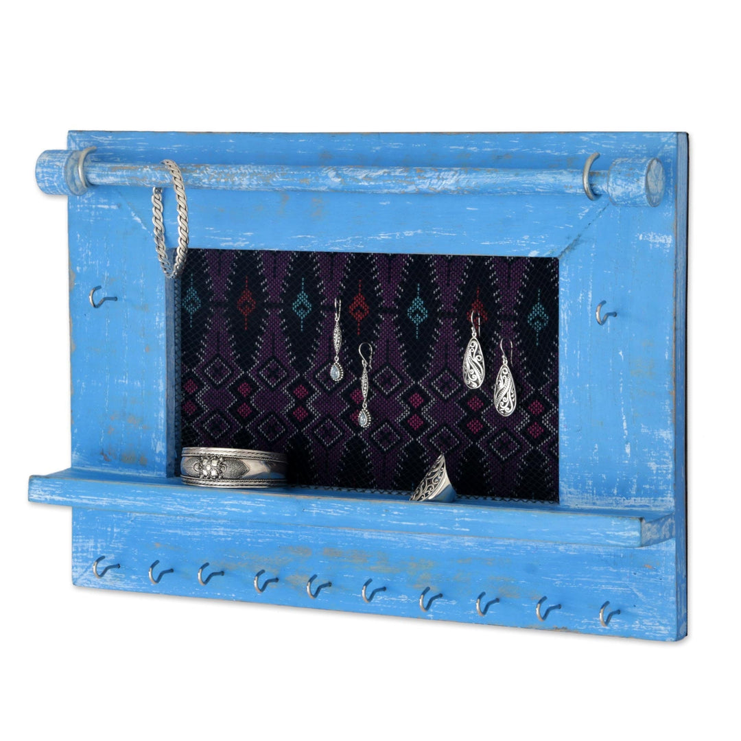 Wood and Cotton Jewelry Display in Sky Blue from Indonesia - Tegalalang Heritage in Sky
