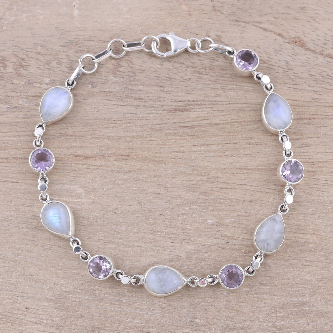Handmade Amethyst Rainbow Moonstone Link Bracelet - Misty Lilac