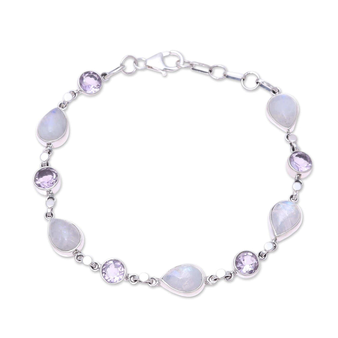 Handmade Amethyst Rainbow Moonstone Link Bracelet - Misty Lilac