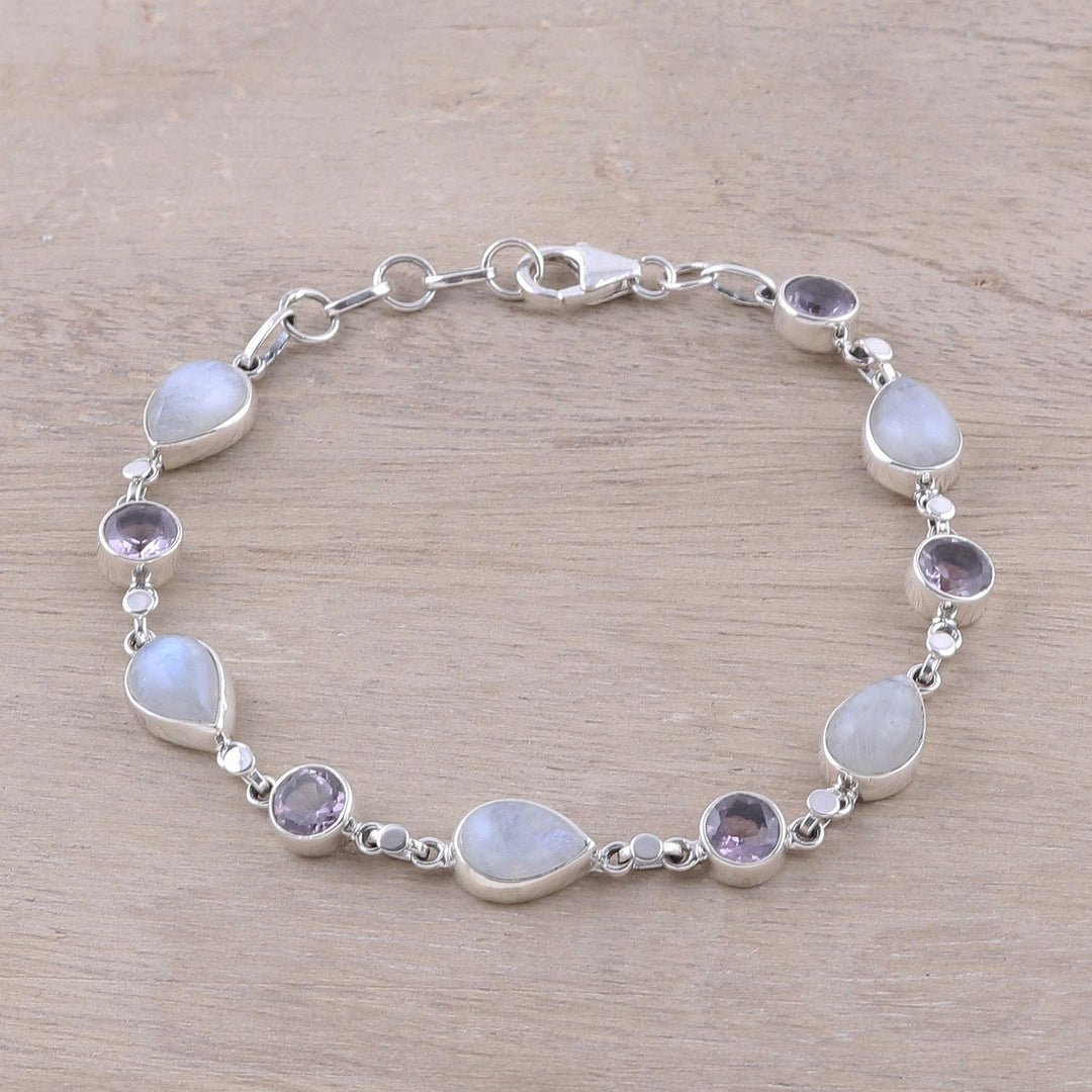 Handmade Amethyst Rainbow Moonstone Link Bracelet - Misty Lilac