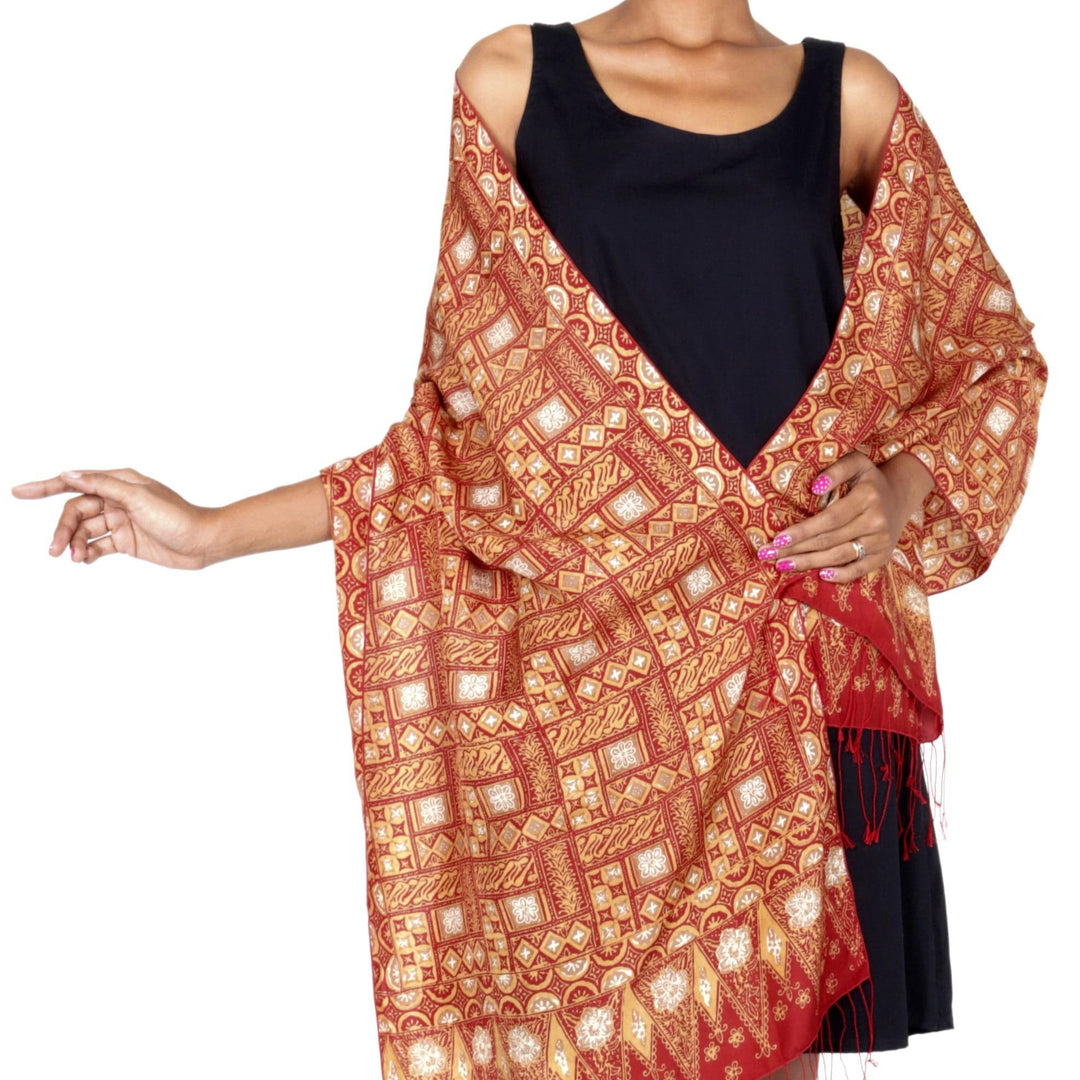Hand Stamped Batik Patterned Pure Silk Shawl - Puzzling Parang
