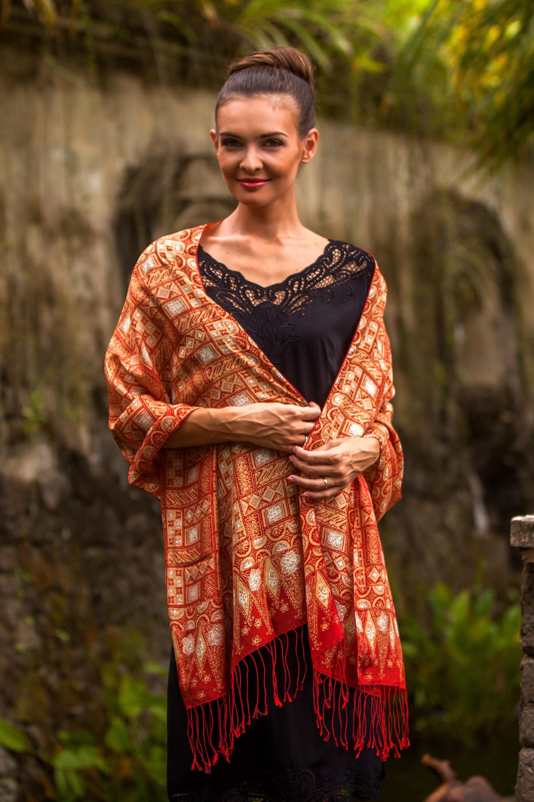 Hand Stamped Batik Patterned Pure Silk Shawl - Puzzling Parang