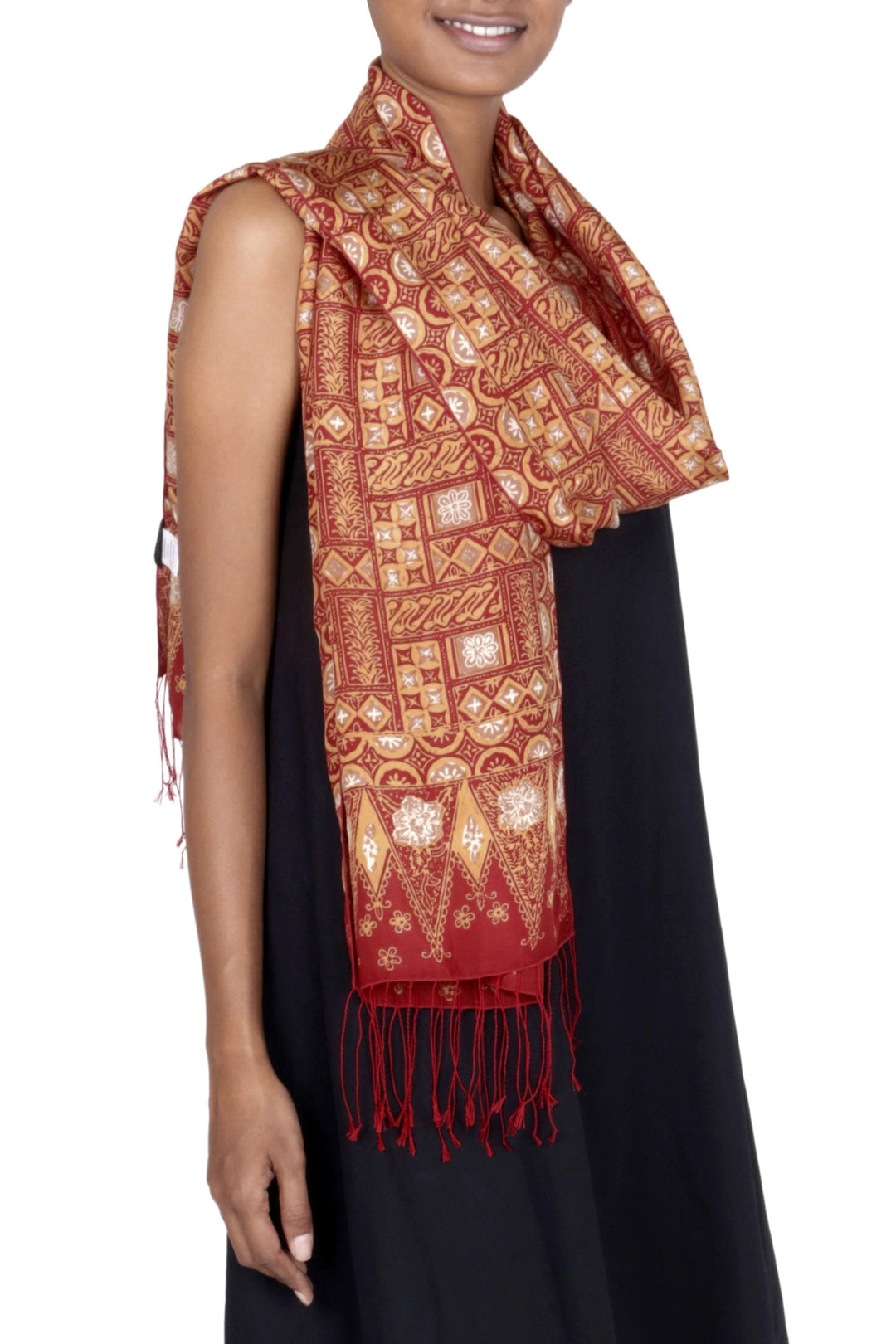 Hand Stamped Batik Patterned Pure Silk Shawl - Puzzling Parang