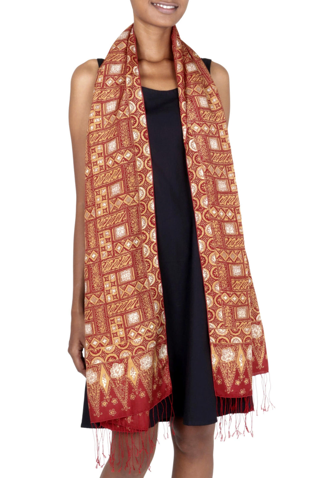 Hand Stamped Batik Patterned Pure Silk Shawl - Puzzling Parang