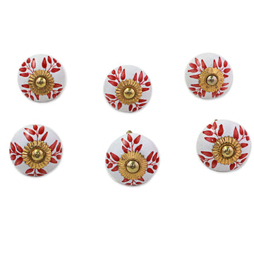 Ceramic Cabinet Knobs Floral White Red (Set of 6) from India - Leafy Red