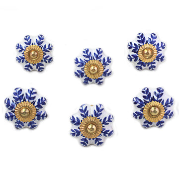 Ceramic Cabinet Knobs Floral White Blue (Set of 6) India - Blue Sunshine