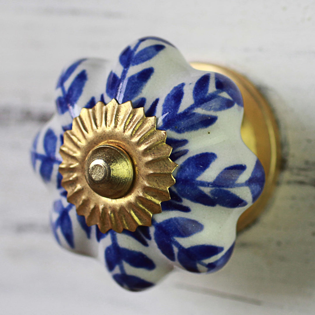 Ceramic Cabinet Knobs Floral White Blue (Set of 6) India - Blue Sunshine