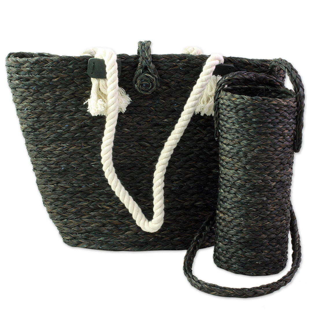 Black Tote and Bottle Holder Set Hand Woven Natural Fibers - Heat Wave