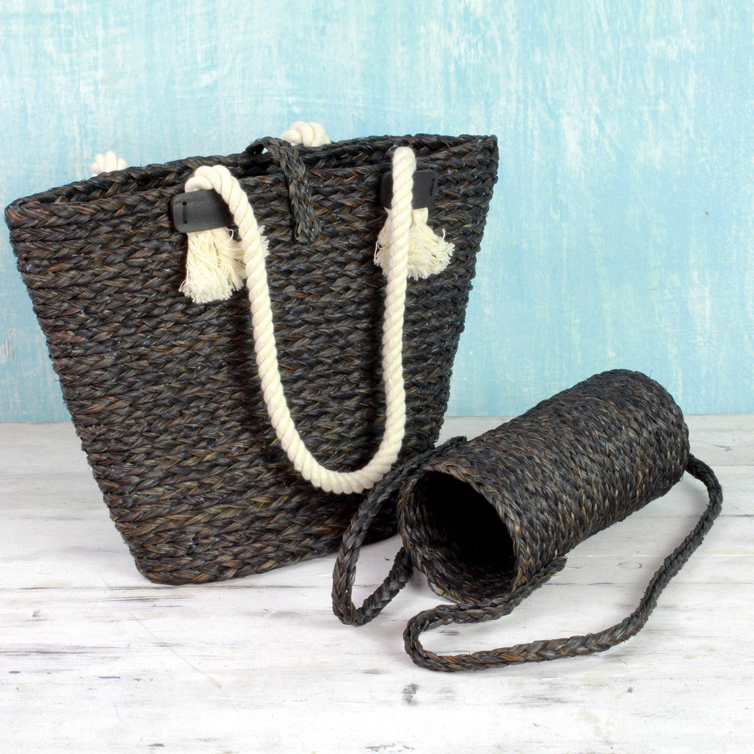 Black Tote and Bottle Holder Set Hand Woven Natural Fibers - Heat Wave