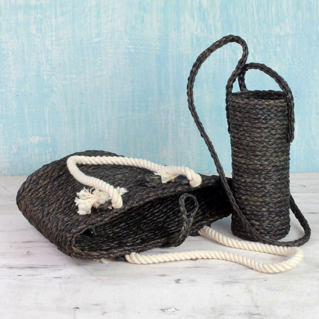 Black Tote and Bottle Holder Set Hand Woven Natural Fibers - Heat Wave