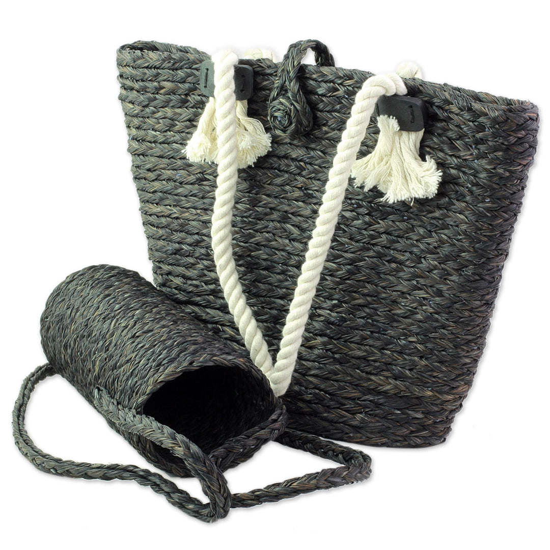 Black Tote and Bottle Holder Set Hand Woven Natural Fibers - Heat Wave