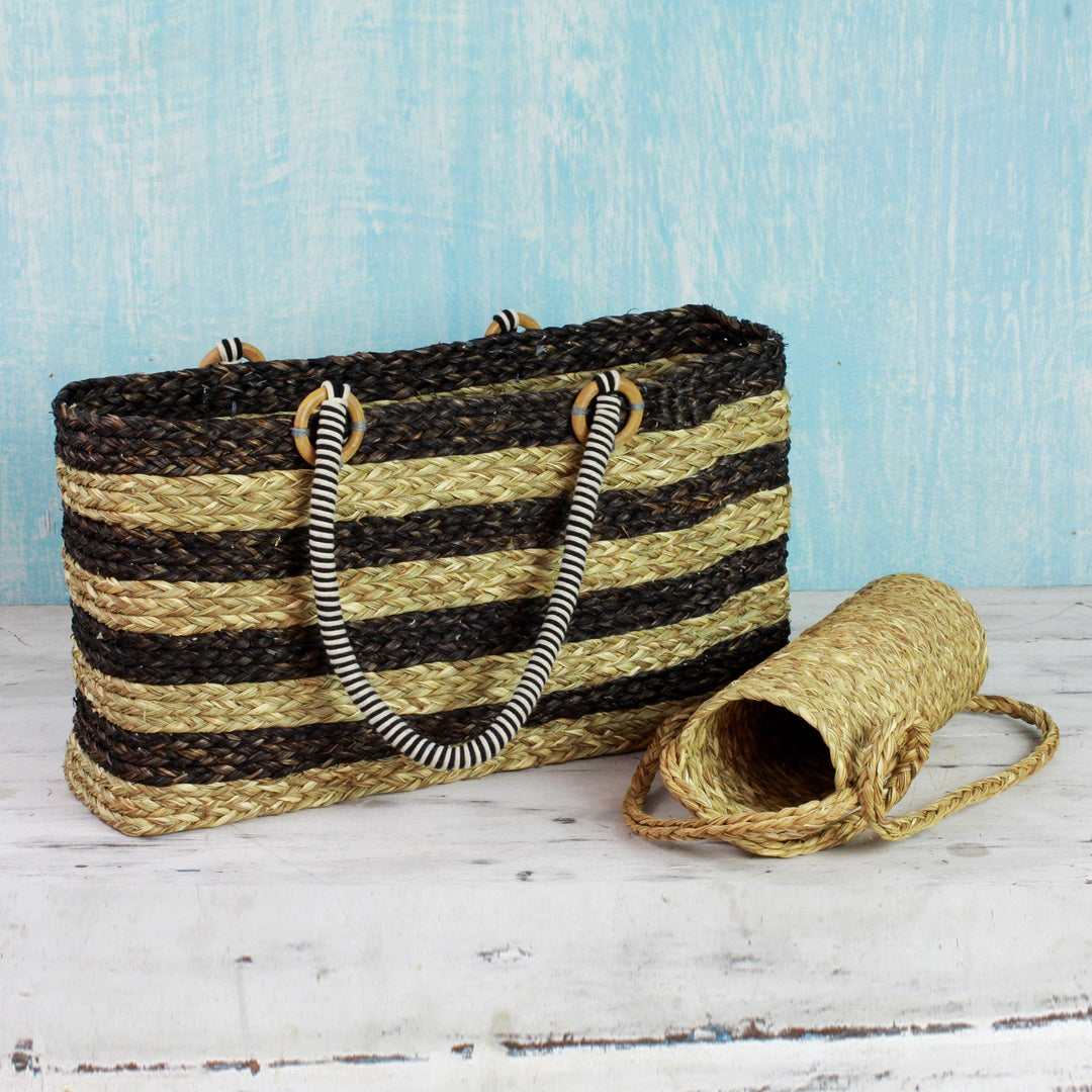 Brown Tote and Bottle Holder Set Hand Woven Natural Fibers - Life's a Picnic