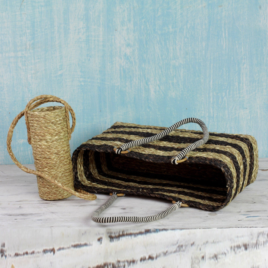 Brown Tote and Bottle Holder Set Hand Woven Natural Fibers - Life's a Picnic
