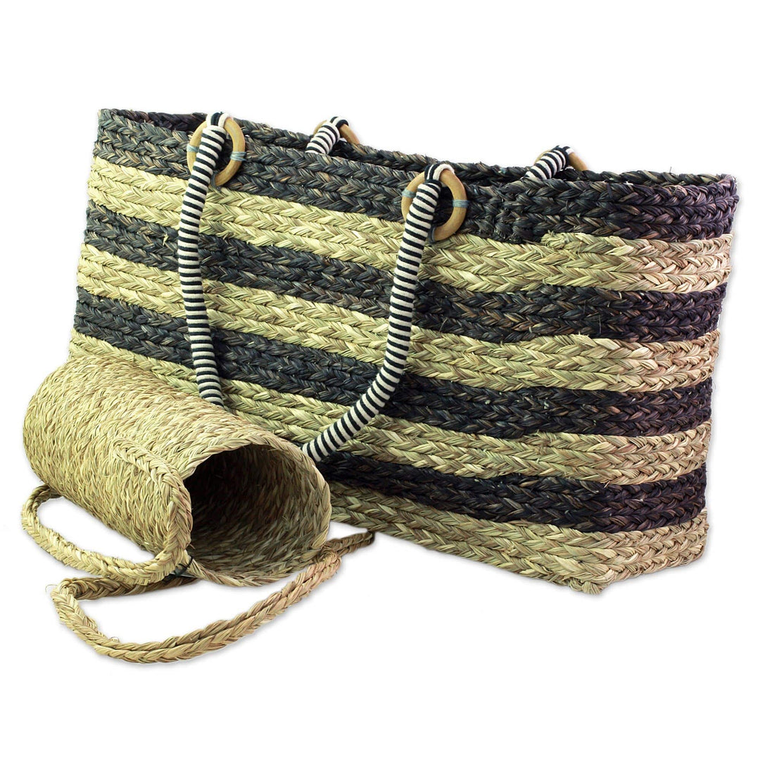 Brown Tote and Bottle Holder Set Hand Woven Natural Fibers - Life's a Picnic