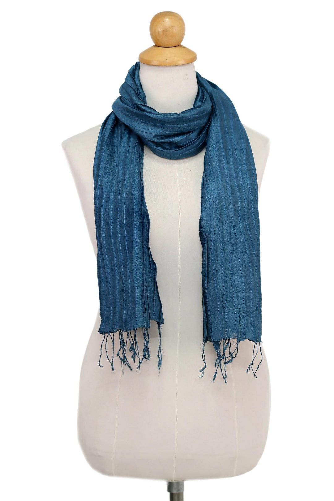 Hand Woven Fringed Silk Scarf in Teal from Thailand - Enchanting Love in Teal