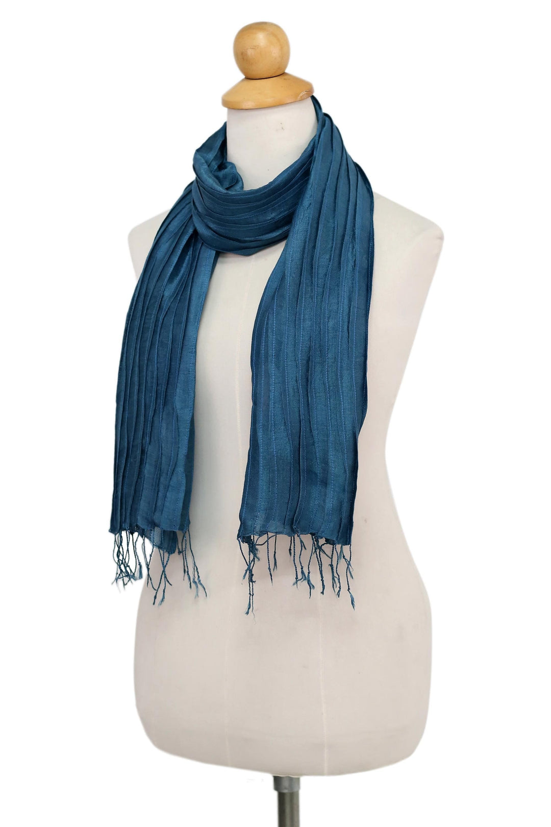 Hand Woven Fringed Silk Scarf in Teal from Thailand - Enchanting Love in Teal