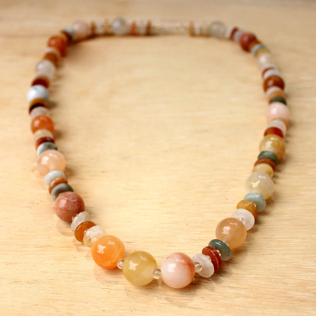 Jade Glass and Quartz Beaded Necklace from Thailand - Moonlight Discs