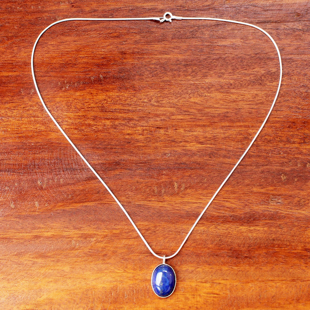 Sterling Silver and Lapis Lazuli Pendant Necklace Thailand - Spangled Oval