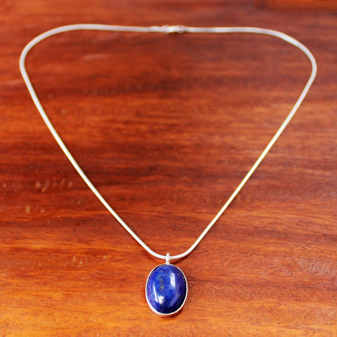 Sterling Silver and Lapis Lazuli Pendant Necklace Thailand - Spangled Oval