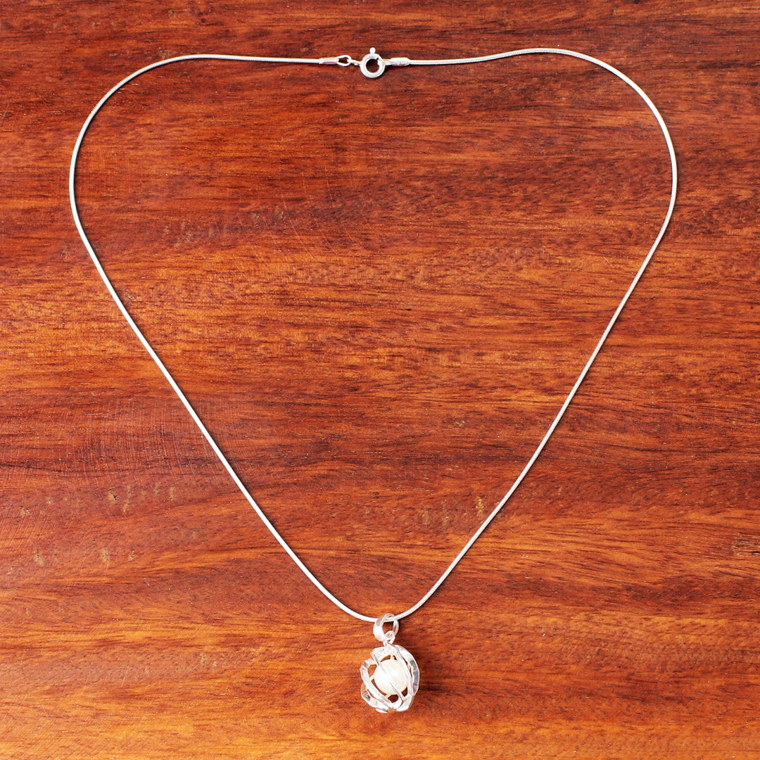 Thai Sterling Silver and Cultured Pearl Pendant Necklace - White Orb of Energy