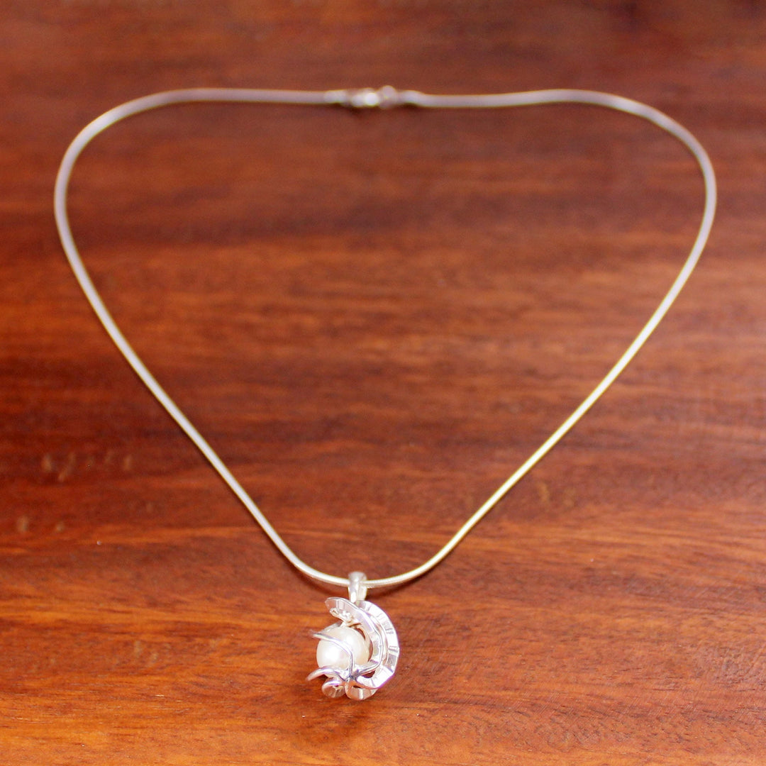 Thai Sterling Silver and Cultured Pearl Pendant Necklace - White Orb of Energy