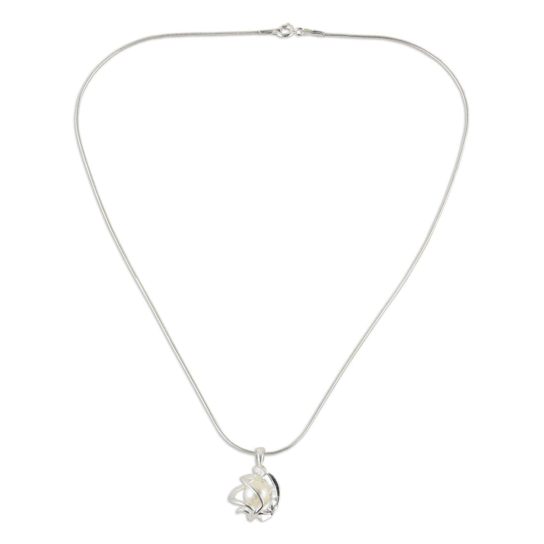 Thai Sterling Silver and Cultured Pearl Pendant Necklace - White Orb of Energy