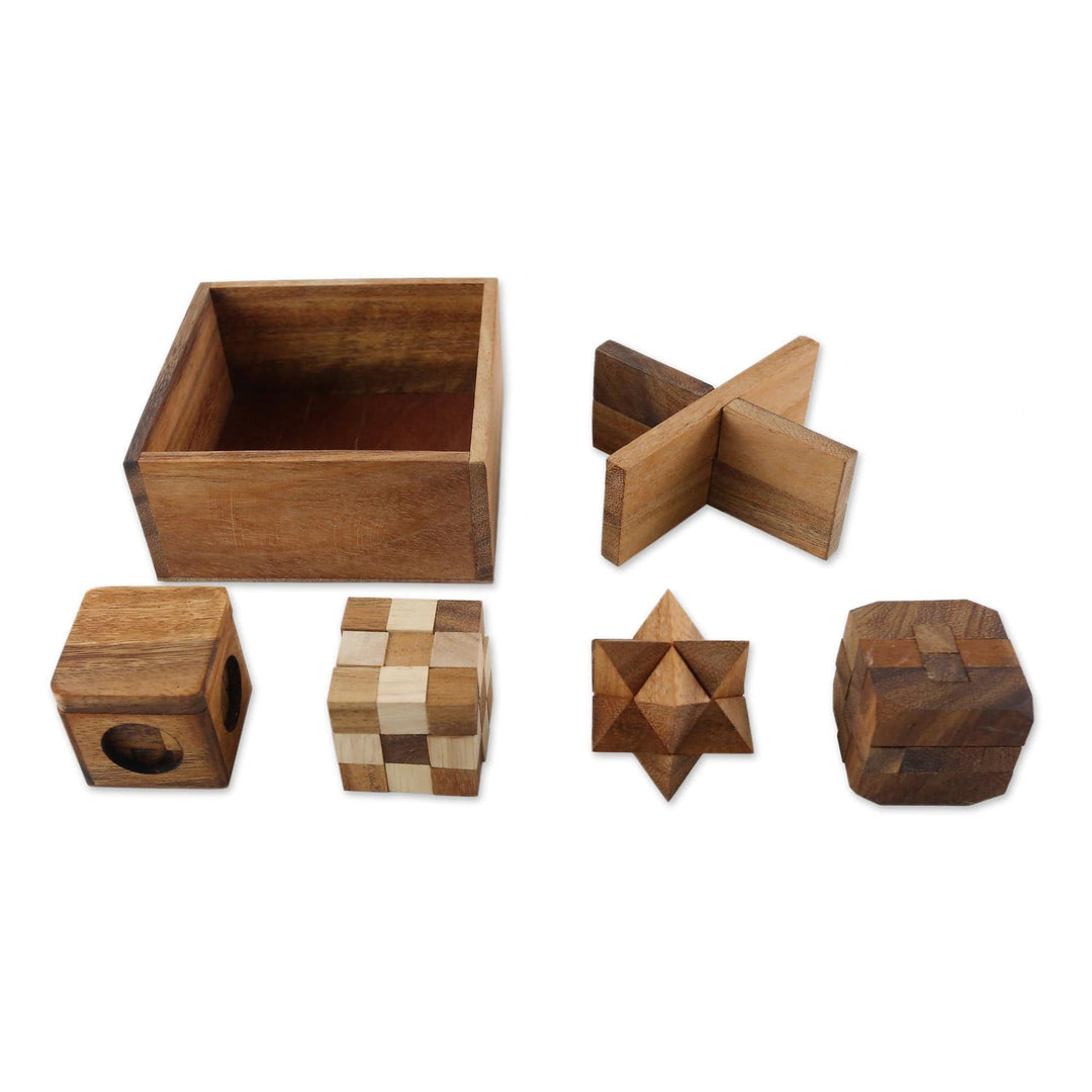 Handmade Set of Five Wooden Puzzles from Thailand - Five Puzzles