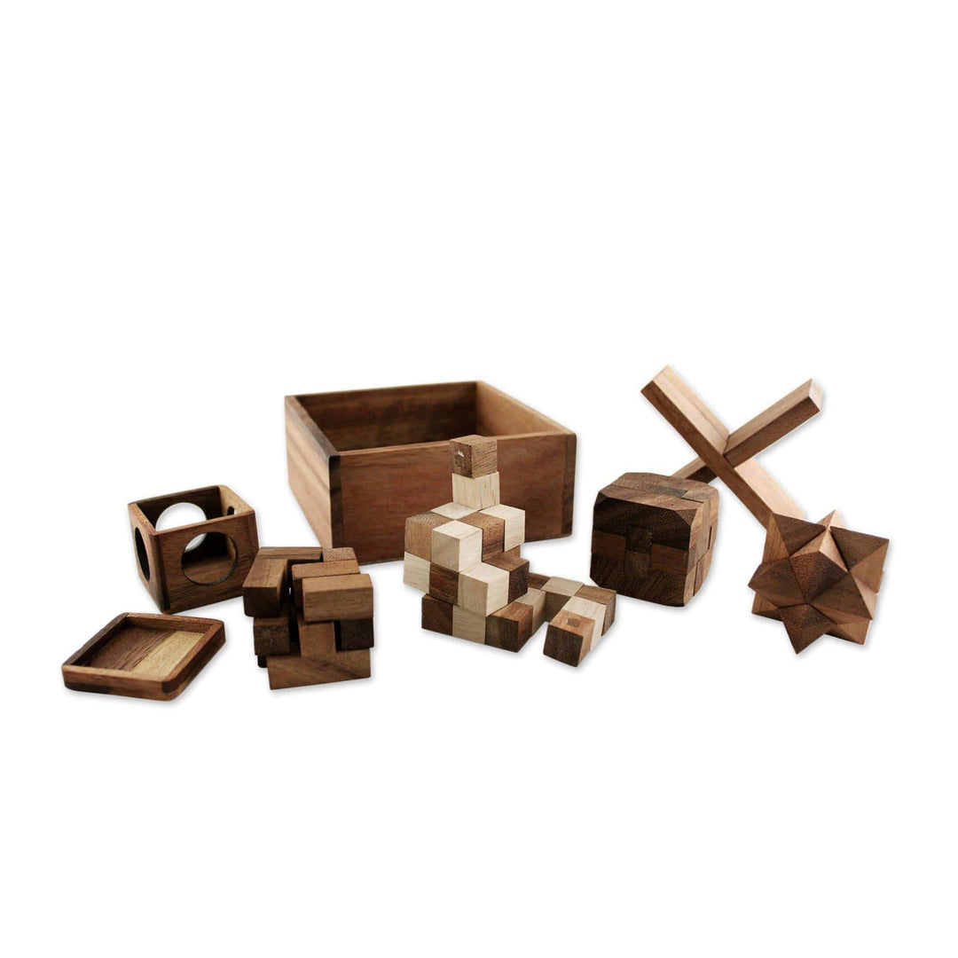 Handmade Set of Five Wooden Puzzles from Thailand - Five Puzzles