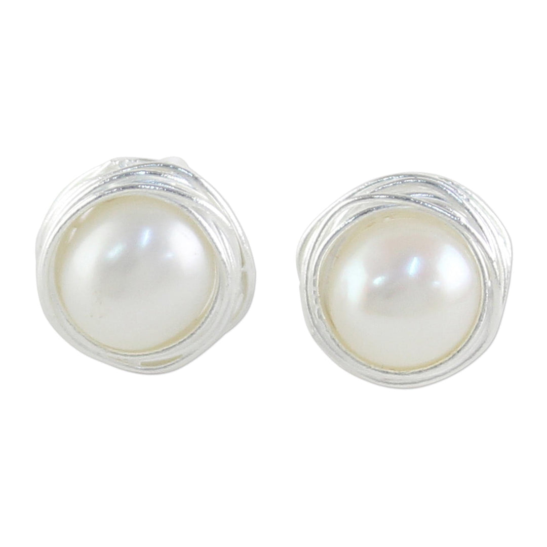 Cultured Pearl Sterling Silver Stud Earrings from Thailand - Haloed Moons