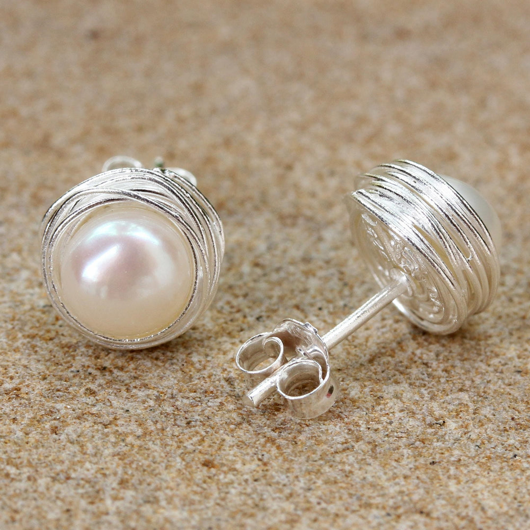Cultured Pearl Sterling Silver Stud Earrings from Thailand - Haloed Moons