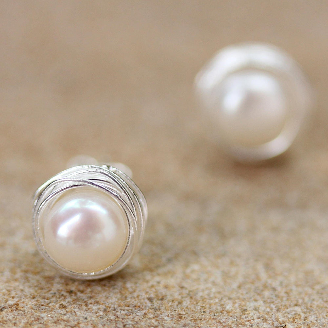 Cultured Pearl Sterling Silver Stud Earrings from Thailand - Haloed Moons