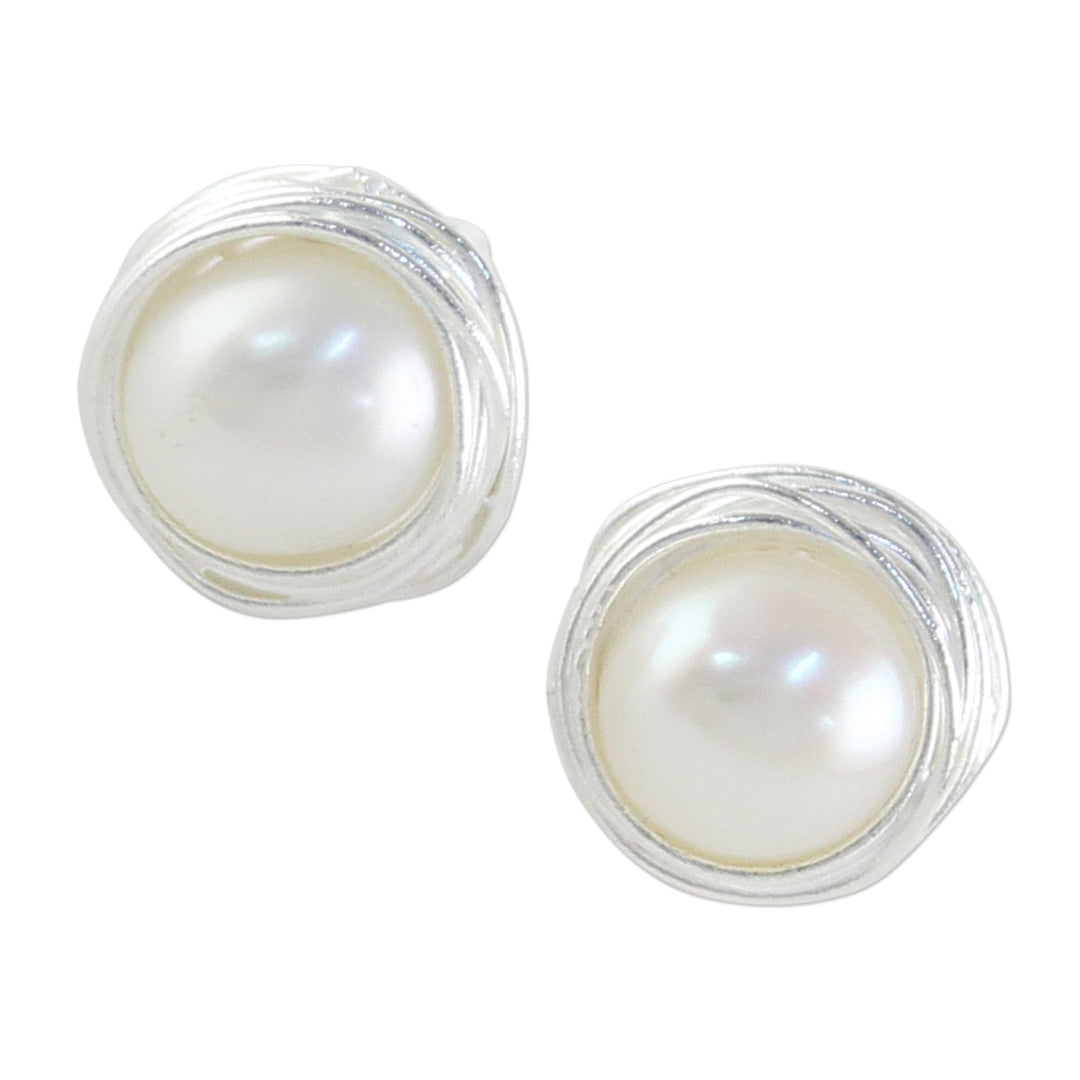 Cultured Pearl Sterling Silver Stud Earrings from Thailand - Haloed Moons