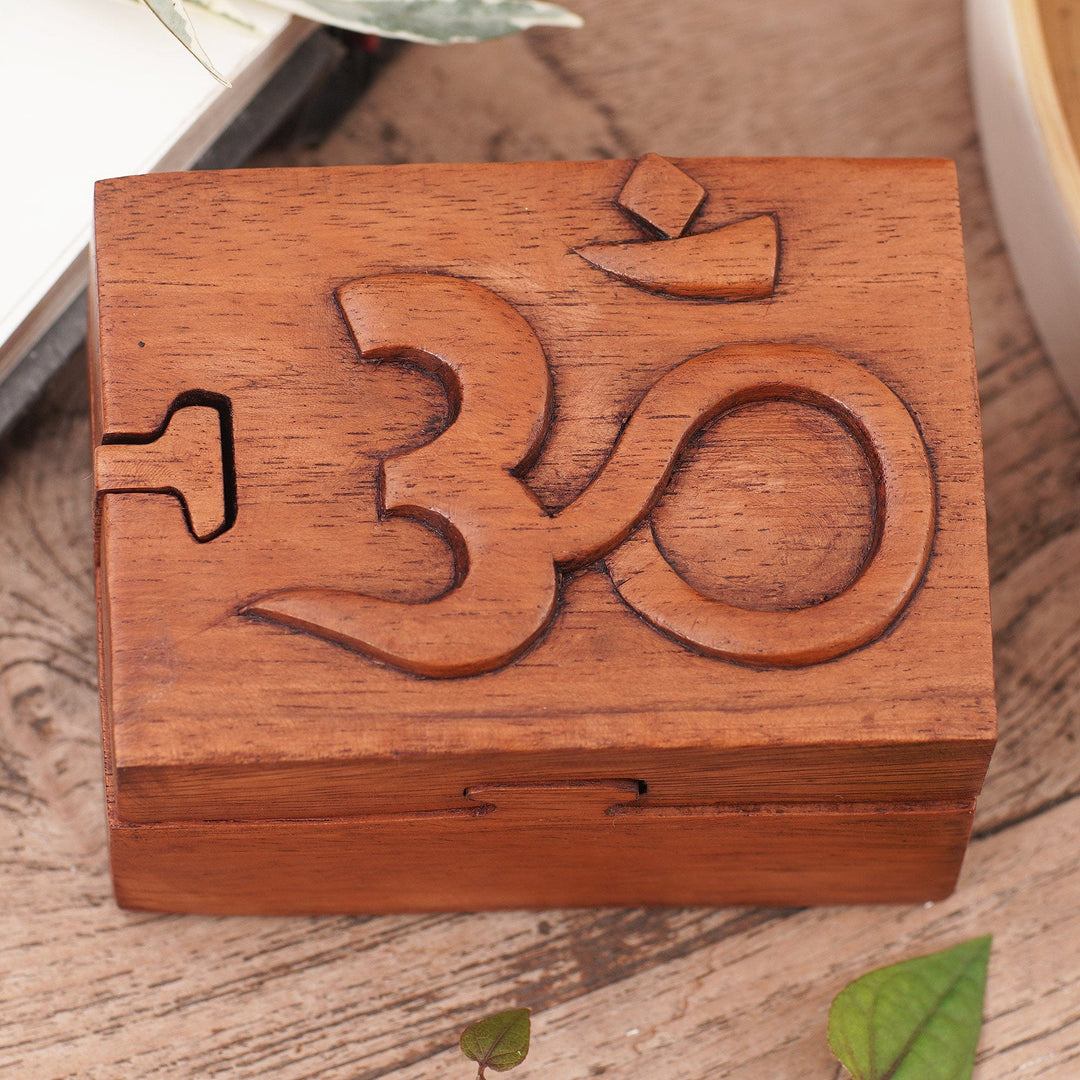 Hand Carved Wood Puzzle Box Om Symbol from Indonesia - Om Protector