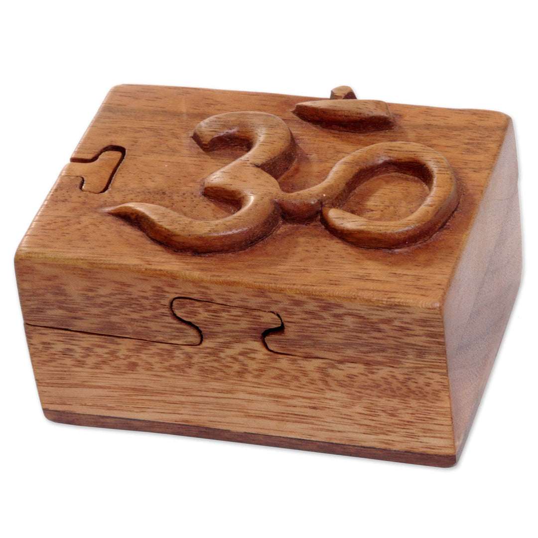 Hand Carved Wood Puzzle Box Om Symbol from Indonesia - Om Protector