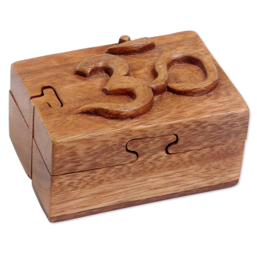 Hand Carved Wood Puzzle Box Om Symbol from Indonesia - Om Protector