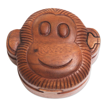 Hand Made Wood Puzzle Box Monkey Face from Indonesia - Happy Monkey